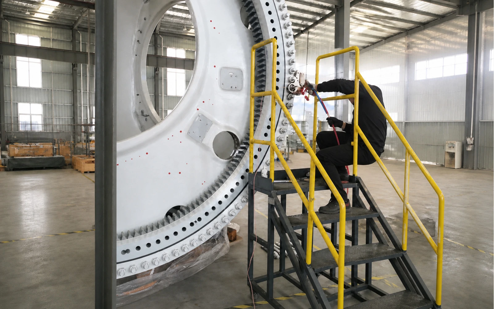 AI-enhanced catalogue scene of bolt preload equipment used on a large industrial component