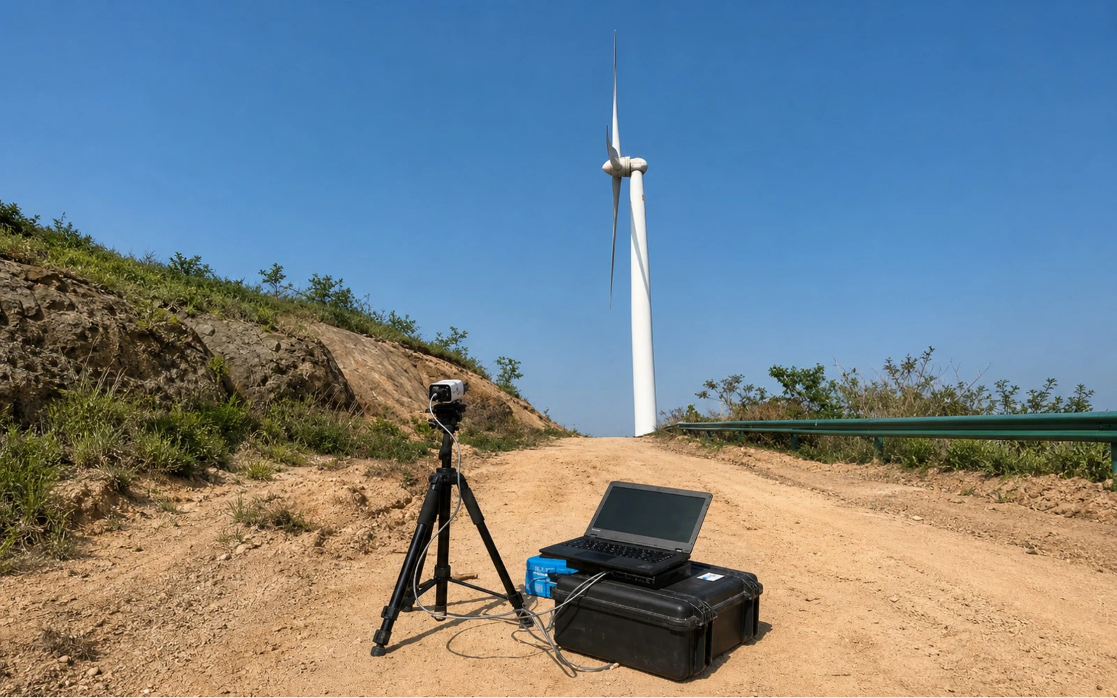 AI-enhanced catalogue scene of a ground-camera rotor imbalance inspection kit near a wind turbine